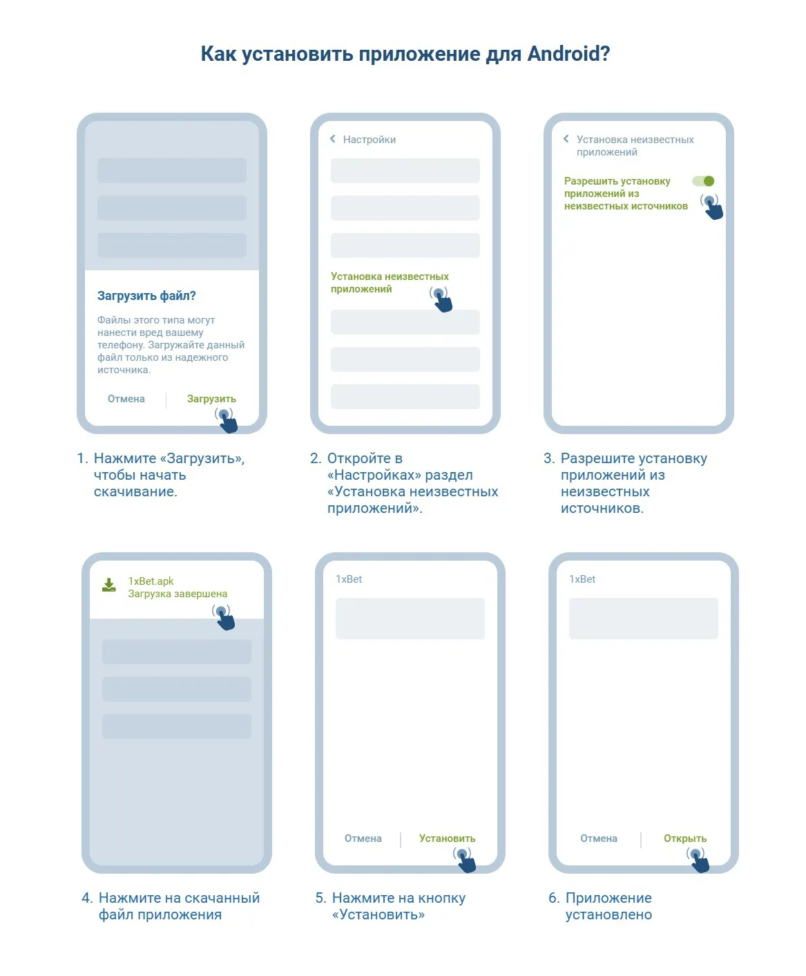 Инструкция по установке приложения 1xBet на Android. Шаг за шагом: от загрузки файла до успешной установки приложения.